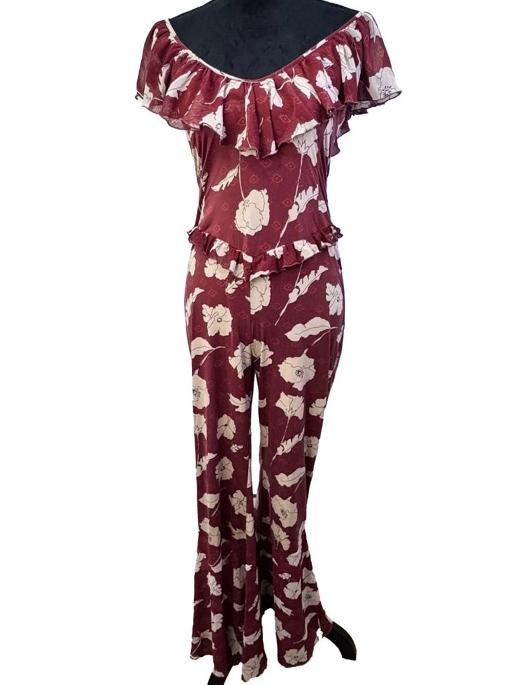 Free People Small Burgundy Floral Ruffle Wide Leg Jumpsuit Boho Festival Chic